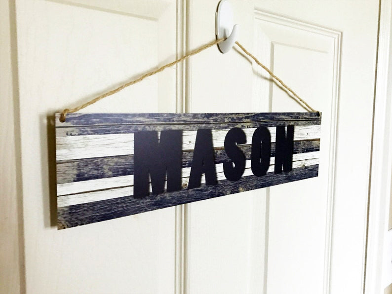 Customizable Kids Name Sign | Rustic Faux Wood Blue Stripe - The Sign Shoppe