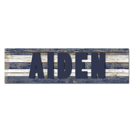 Customizable Kids Name Sign | Rustic Faux Wood Blue Stripe - The Sign Shoppe