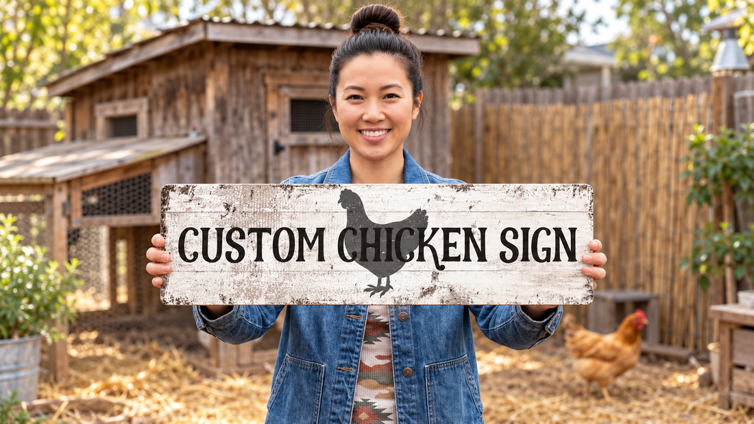 Rustic cream custom chicken coop signs with your chicken coop name.
