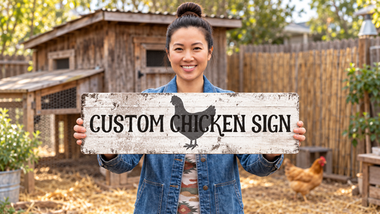 Rustic cream custom chicken coop signs with your chicken coop name.