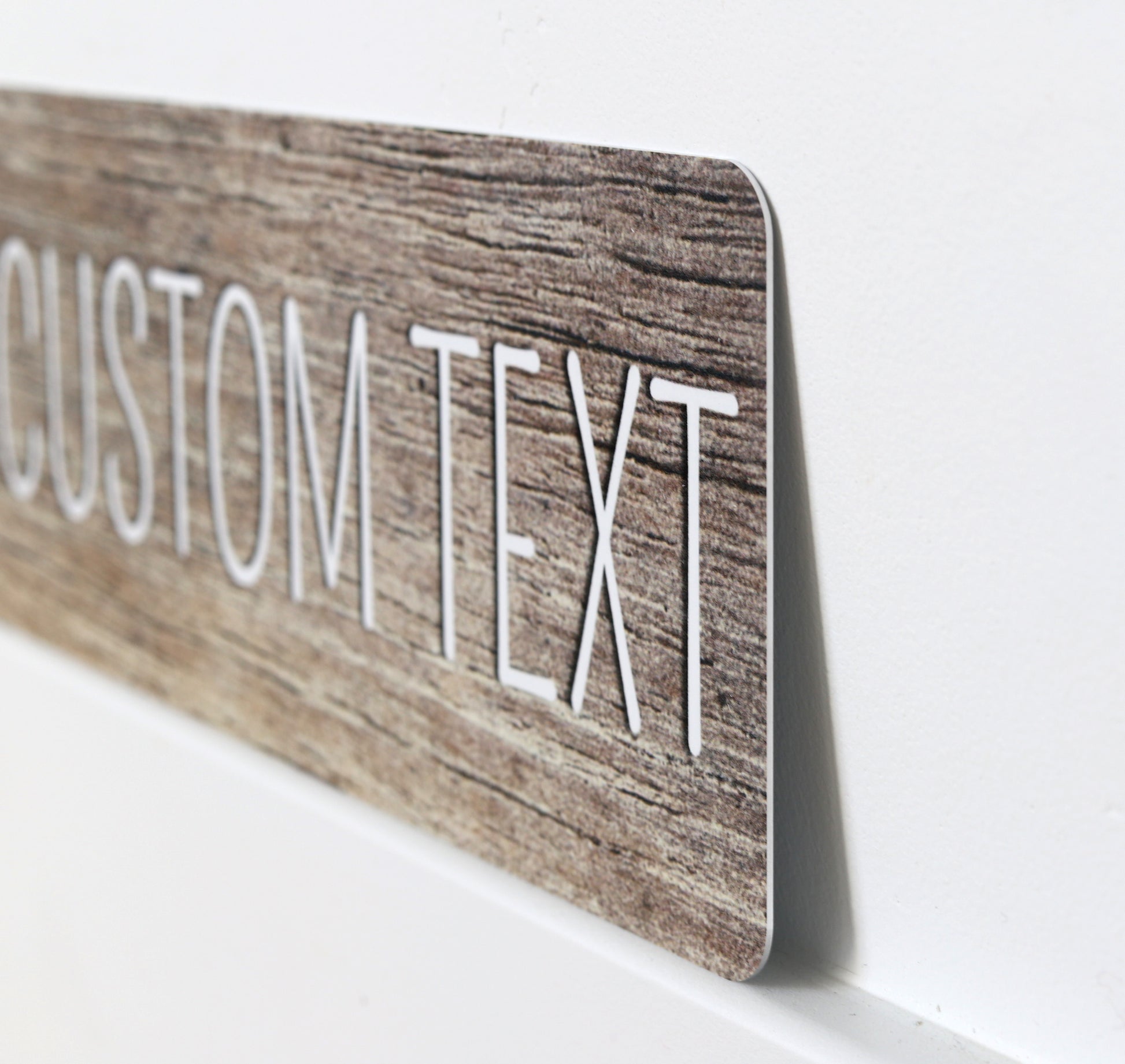 Custom Metal Sign | Faux Tan Wood + White text - The Sign Shoppe 