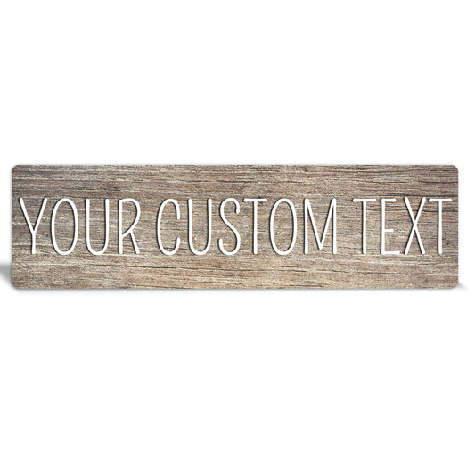 Custom Metal Sign | Faux Tan Wood + White text - The Sign Shoppe 